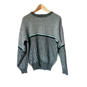 Michael Gerald Pullover Unisex Size L Grey Black Blue Striped Knit Textured Cozy